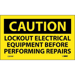 NMC C357AP Caution, Lockout Electrical Equipment Before Performing Repairs Label, PS Vinyl, 3" x 5", 5/Pk