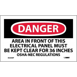NMC D225AP Danger, Keep Electrical Panel Clear Label, PS Vinyl, 3" x 5", 5/Pk