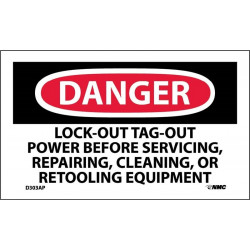 NMC D303AP Danger, Lock-Out Tag-Out Power Before Use Label, PS Vinyl, 3" x 5", 5/Pk