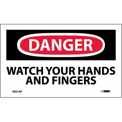 NMC D621AP Danger, Watch Your Hands And Fingers Label, PS Vinyl, 3" x 5", 5/Pk