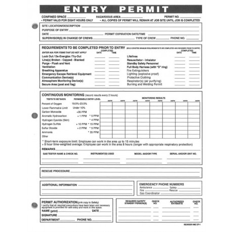 NMC EP1 Confined Space Entry Permits, 25 Permits Per Pad, 11" x 8.50", Paper
