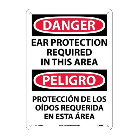 NMC ESD134 Danger, Ear Protection Required Sign (Bilingual), 14" x 10"