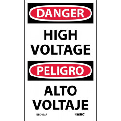 NMC ESD49AP Danger, High Voltage Sign (Bilingual), 5" x 3", Adhesive Backed Vinyl, 5/Pk