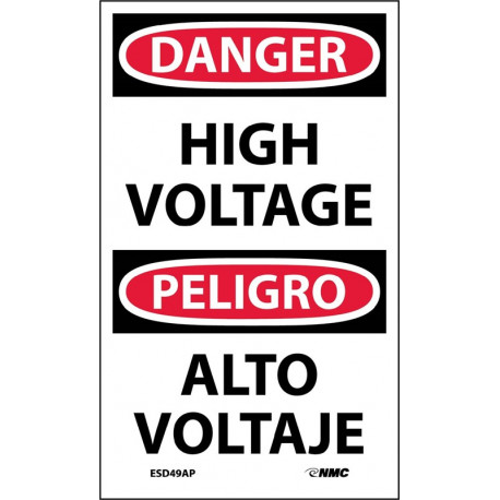 NMC ESD49AP Danger, High Voltage Sign (Bilingual), 5" x 3", Adhesive Backed Vinyl, 5/Pk