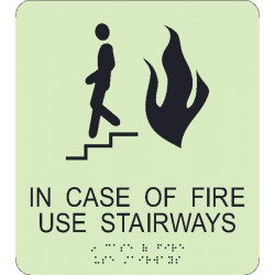 NMC GADA111BK Glow, In Case Of Fire Use Stairways Braille Sign, 9" x 8"
