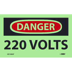 NMC GD100AP Danger, 220 Volts Label, 3" x 5", PS Vinylglow, 5/Pk