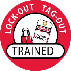 NMC HH47 Lock-Out Tag-Out Trained Hard Hat Emblem, 2" Dia, PS Vinyl, 25/Pk