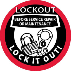 NMC HH Lockout Before Service Repair Or Maintenance Hard Hat Emblem, 2" Dia, 25/Pk