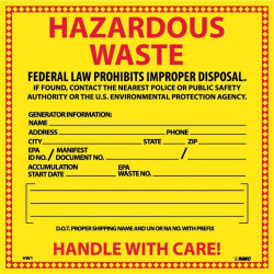 NMC HW Hazardous Waste Label, 6" x 6"