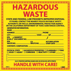 NMC HW15 Hazardous Waste California Label, 6" x 6", PS Vinyl, 25/Pk