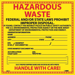 NMC HW Hazardous Waste New Jersey Label, 6" x 6"