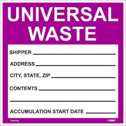 NMC HW30 Hazardous Materials Shipping Label, Universal Waste, 6" x 6"