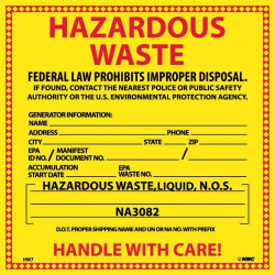 NMC HW7L Hazardous Waste (For Liquids) Labels, 6" x 6", Adhesive Backed Vinyl, 25/Pk