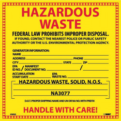 NMC HW8S Hazardous Waste (For Solids) Labels, 6" x 6", Adhesive Backed Vinyl, 25/Pk