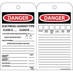 NMC JMTAG3 Danger Electrical Lockout Type Class A & Class B Tag, Unrippable Vinyl, 7.38" x 4", 10/Pk