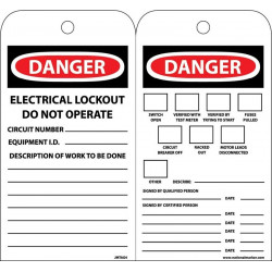 NMC JMTAG4 Danger Electrical Lockout Do Not Operate Tag, Unrippable Vinyl, 7.38" x 4", 10/Pk