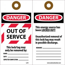NMC LLT4 Danger Out Of Service Lockout Tag, Encased Lamination, 6" x 3", 25/Pk
