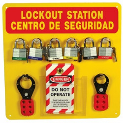 NMC LOB1YBI Lockout Center, Bilingual, Red/Yellow, Backboard w/Hooks & Supplies, 14" x 14"