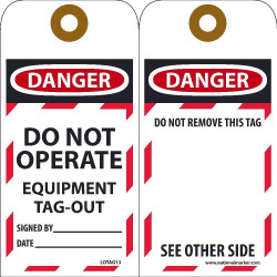 NMC LOTAG13 Danger, Do Not Operate Equipment Tag Out...Tag, 6" x 3", Unrippable Vinyl, 10/Pk