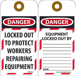 NMC LOTAG22 Danger, Locked Out To Protect Workers Repairing Equipment Tag, 6" x 3", Unrippable Vinyl, 10/Pk