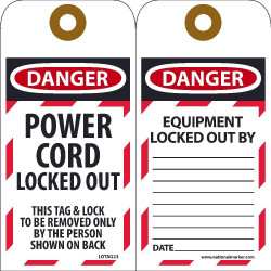 NMC LOTAG23 Danger, Power Cord Locked Out...Tag, 6" x 3", Unrippable Vinyl, 10/Pk