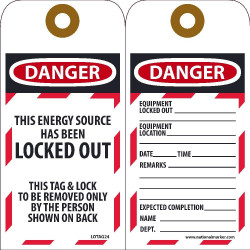 NMC LOTAG24 Danger, This Energy Source Has Been Locked Out...Tag, 6" x 3", Unrippable Vinyl, 10/Pk