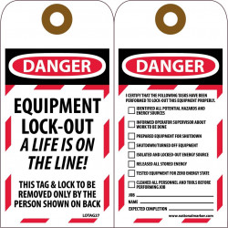 NMC LOTAG27 Danger, Equipment Lock-Out...Tag, 6" x 3", Unrippable Vinyl, 10/Pk