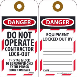 NMC LOTAG32 Danger, Do Not Operate Contractor Lock-Out Tag, 6" x 3", Unrippable Vinyl, 10/Pk