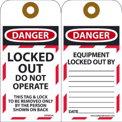 NMC LOTAG34 Danger, Locked Out Do Not Operate Tag, 6" x 3", Unrippable Vinyl, 10/Pk