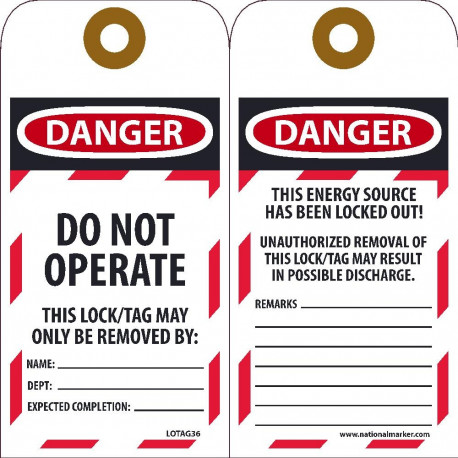 NMC LOTAG36-25 Danger, Do Not Operate Tag, 6" x 3", Unrippable Vinyl, 25/Pk
