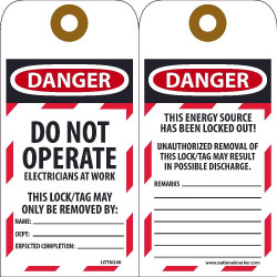 NMC LOTAG40 Danger, Do Not Operate Electricians At Work Tag, 6" x 3", Unrippable Vinyl, 10/Pk