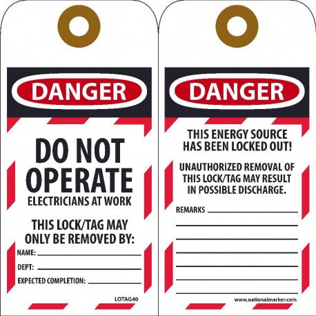 NMC LOTAG40 Danger, Do Not Operate Electricians At Work Tag, 6" x 3", Unrippable Vinyl, 10/Pk