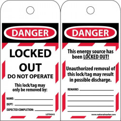 NMC LOTAG42ST100 Danger, Locked Out Do Not Operate Tag, 6" x 3", Polytag, 100/Box