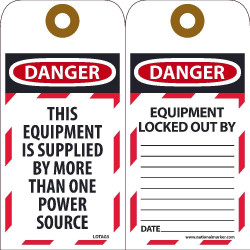 NMC LOTAG5 Danger, This Equipment Is Supplied...Tag, 6" x 3", Unrippable Vinyl, 10/Pk