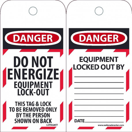 NMC LOTAG8ST Danger, Do Not Energize Equipment Lock Out Tag, 6" x 3", Synthetic Paper, 25/Pk (Hole)