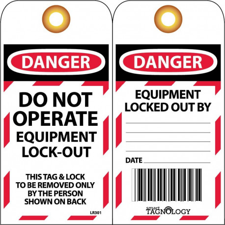 NMC LR301 Danger, Do Not Operate Equipment Lock-Out RFID Tag, 6" x 3", Unrippable Vinyl, w/ Grommet, 10/Pk