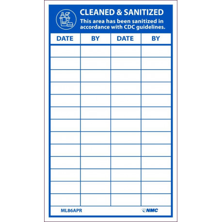 NMC ML86APR Cleaned & Sanitized Record Keeping Label, 5" x 3", PS Removable Vinyl, 5/Pk