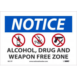 NMC N517 Notice, Alcohol Drug & Weapon Free Zone Sign w/ 3 Graphics