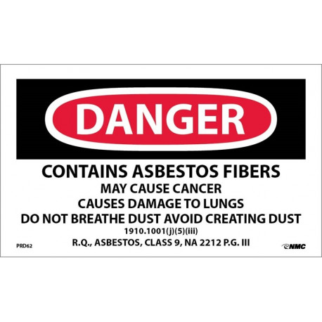 NMC PRD Danger, Contains Asbestos Fibers Warning Label, 3" x 5", PS Paper, 500/Roll