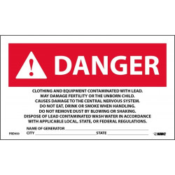 NMC PRD950 Danger, Contaminated With Lead Generator Info Warning Label, 3" x 5", PS Paper, 500/Roll