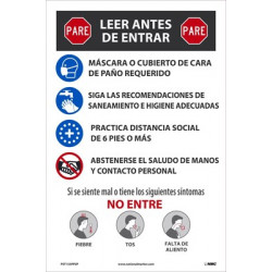 NMC PST155PPSP Stop Read Before Entering, Spanish, 18" x 12", Paper, 5/Pk