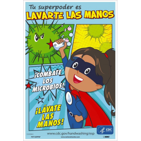 NMC PST165PPSP Handwashing Is Your Superpower Poster, Girl, Spanish, 18" x 12", Paper, 5/Pk