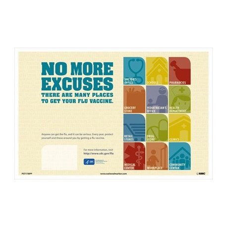 NMC PST178PP No More Excuses Poster (Flu Vaccine), 18" x 12", Paper, 5/Pk