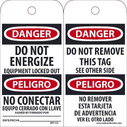 NMC RPT Danger, Do Not Energize (Bilingual) Tag, 6" x 3", Unrippable Vinyl, 25/Pk