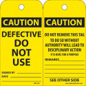 NMC RPT Caution, Defective Do Not Use Tag, 6" x 3", .015 Mil Unrippable Vinyl, 25/Pk