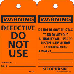 NMC RPT Warning, Defective Do Not Use Tag, 6" x 3", .015 Mil Unrippable Vinyl, 25/Pk