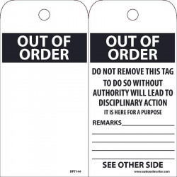 NMC RPT Out Of Order Tag, Blank, 6" x 3", .015 Mil Unrippable Vinyl, 25/Pk