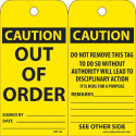 NMC RPT Caution, Out Of Order Tag, 6" x 3", .015 Mil Unrippable Vinyl, 25/Pk