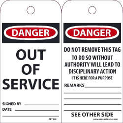 NMC RPT Danger, Out Of Service Tag, 6" x 3", .015 Mil Unrippable Vinyl, 25/Pk