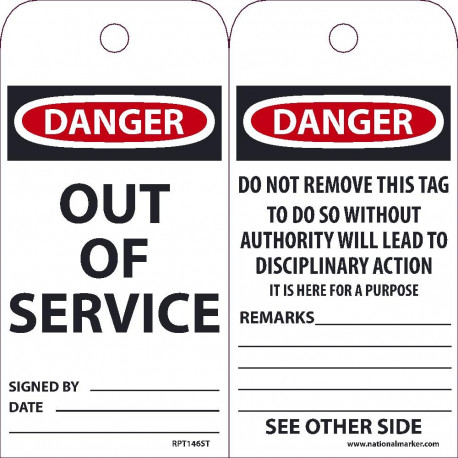 NMC RPT146ST Danger, Out Of Service Tag (Hole), 6" x 3", Synthetic Paper, 25/Pk
